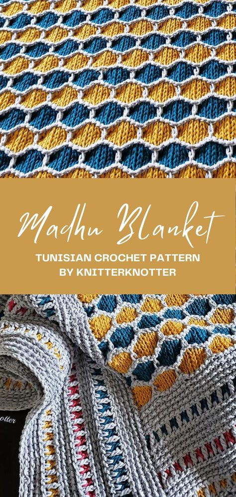 Looking for an intermediate level pattern to try some new Tunisian Crochet stitches? Then this blanket is perfect for you. The Madhu Blanket blanket is a small blanket, so it won't take forever to make and soon you'll be snuggling under a beautiful blanket in no time. #tunisiancrochetpattern #tunisiancrochet #tunisiancrochetlove #easytunisiancrochet #easytunisiancrochetpattern #tunisiancrochetaddict #knitterknotter #knitterknotterpattern #knitterknotterdesigns #designedbyknitterknotter Cross Stitch On Tunisian Crochet, Tunisian Crochet Cushion Covers, Tunisian Crochet Cross Stitch, Italian Crochet Patterns, Crochet Moroccan Tile Afghans, Tunisian Crochet Granny Square, Small Tunisian Crochet Projects, Tunisian Crochet Patterns Blanket, Tunisian Crochet Squares