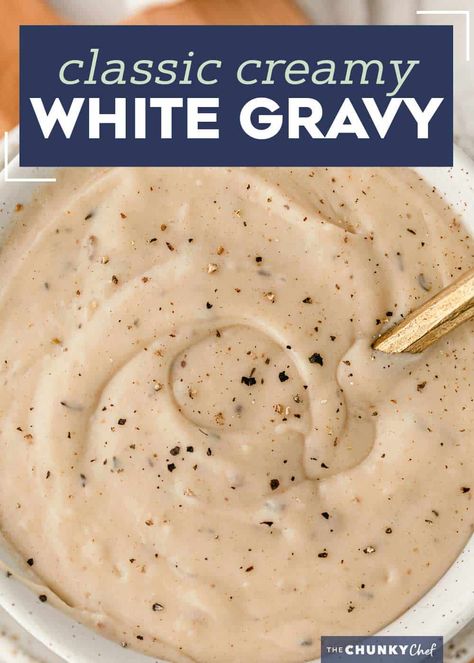 This classic White Gravy is ultra creamy, and speckled with plenty of black pepper. Perfect on chicken fried steak, fried chicken, mashed potatoes, biscuits and more! Easy to make with only 7 ingredients (including salt and pepper!). #gravy #whitegravy #peppergravy Black Pepper White Gravy, Peppered Gravy Recipe, White Pepper Gravy Recipe, White Gravy Recipe Easy, Peppered Gravy, Fried Chicken Mashed Potatoes, Gravy Recipe Easy, Homemade White Gravy, White Pepper Gravy