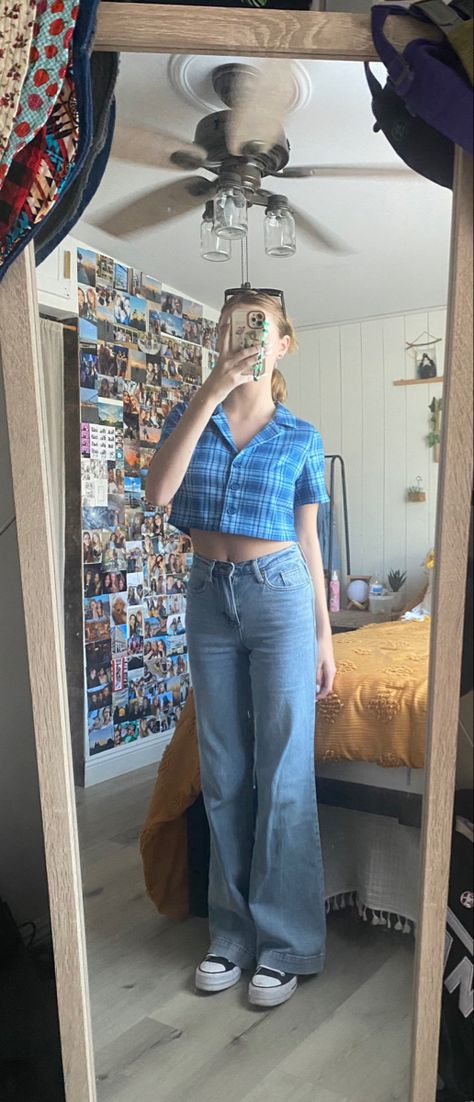 #fashion #aesthetic #tiktok #trendystreetstyle #bellbottoms #oldstyle #girlsfashion #schooloutfits #simple #blueaesthetic Belbotm Pant, Aesthetic Bell Bottom Jeans Outfit, Indie Pants Aesthetic, Bellboytom Jeans, Trendy Street Style, Blue Aesthetic, School Outfits, Bell Bottoms, In This Moment