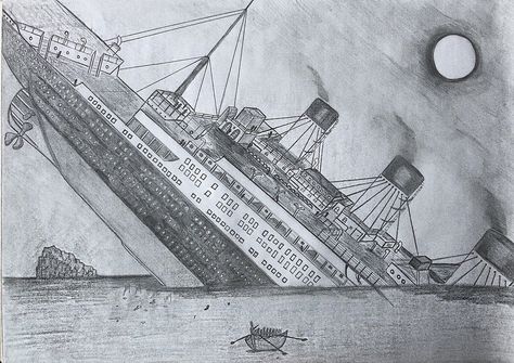 Titanic ship sinking drawing Easy Ship Drawing, Ship Sinking, Titanic Ship Drawing, Titanic Illustration, Ship Sinking Drawing, Titanic Sketch, Titanic Painting, Titanic Fanart, Sinking Ship Drawing