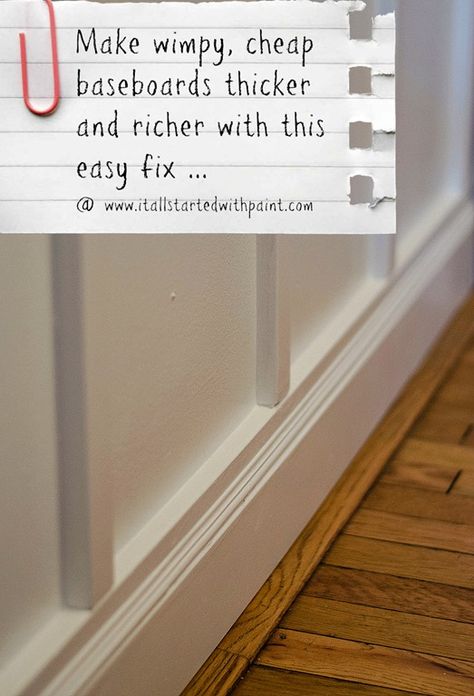 How To Make Baseboards Chunkier - Easy Fix - An easy fix to make wimpy, builder grade baseboards look thicker and chunkier. No crow bars needed ... [media_id:24… Painting A Sink, Baseboard Molding, Board And Batten, Leaded Glass, Wainscoting, Diy Home Improvement, Baseboards, Rustic Diy, Home Repair