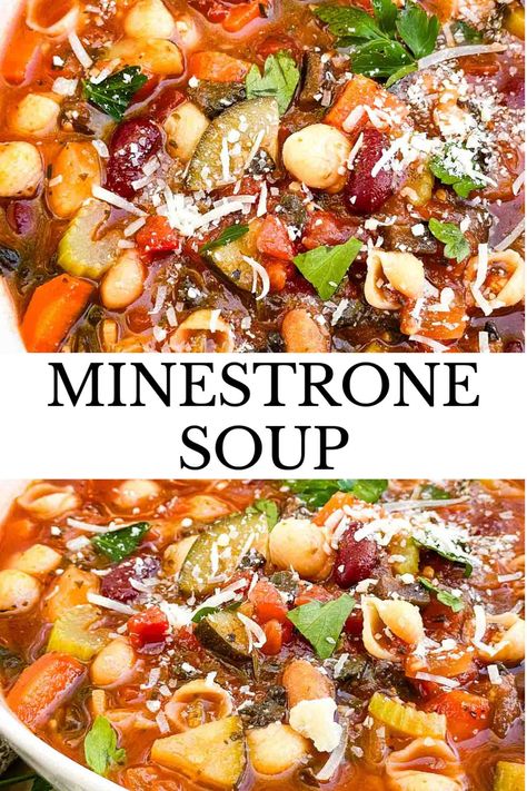 This hearty Minestrone Soup Recipe is a delicious, light, and healthy soup perfect for cold weather. An Italian classic packed with vegetables and beans in a light tomato broth. Vegetarian and vegan. Vegetarian Minestrone Soup Recipe, Milestone Soup Recipes, Cooking Classy Recipes Soups, Minestrone Soup Recipe With Meat, Martha Stewart Soup Recipes, Traditional Italian Soup, Small Batch Minestrone Soup, Minestrone Soup No Pasta, Best Vegetarian Soup Recipes