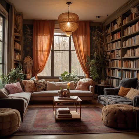 Need a little design candy? Step into the enchanting world of cozy library rooms! 📚Immerse yourself in the warmth and charm of these captivating spaces, where boho-chic vibes meet maximalist allure. From dreamy candlelit corners to walls adorned with books and eclectic decor, each room invites you to unwind and escape into a world of creativity and relaxation. Which cozy corner speaks to your soul? Swipe through to discover your next home decor inspiration! #CozyLibrary #BohoChicDecor #Maxima... Library Walls In Living Room, Boho Library, Cozy Library Room, Cozy Reading Room, Library Rooms, Cozy Library, Reading Nooks, Chic Vibes, Witch House