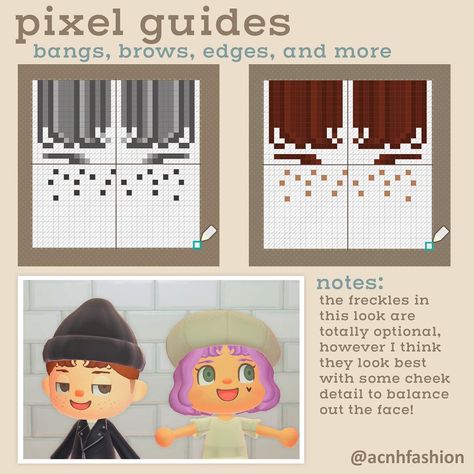 i’m thrilled to finally release my pixel guide for hair details!✨ i took a lot of inspiration from @bramblescrossing ‘s method and guides,… Animal Crossing Phone Case Design Grid, Acnh Pixel Patterns, Acnh Clothes Pattern Grid, Acnh Kawaii, Animal Crossing Hair, Kawaii Island, Acnh Tips, Acnh Fashion, Cottagecore Animal Crossing