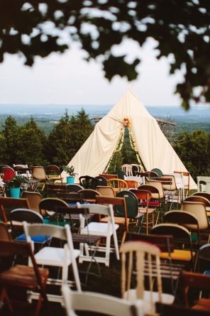 Wes Anderson Wedding Photography, Wes Anderson Wedding Inspiration, Moonrise Kingdom Wedding, Coloured Chairs, Meghan Patrick, Wes Anderson Wedding, Wes Anderson Inspired, Native American Wedding, Lecture Hall