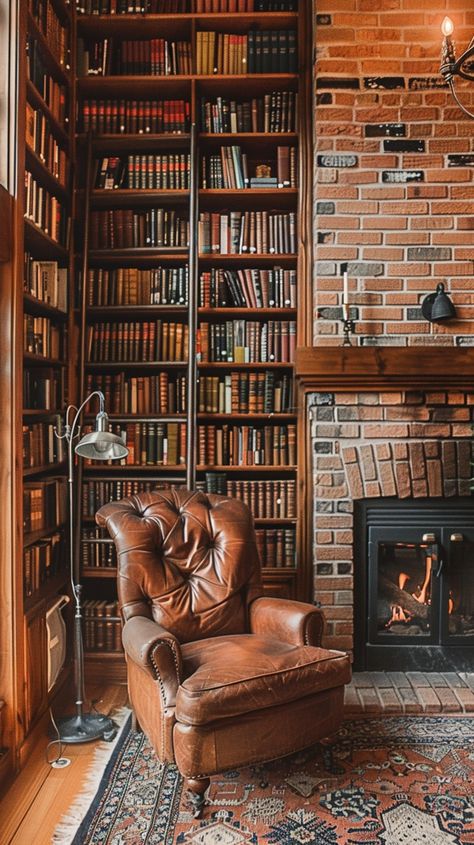 Download 'Cozy Reading Nook' - An inviting leather armchair sits by a warm fireplace in a home library with rich wood tones. - Get this free stock photo and more high-quality images on StockCake. No attribution required. Home Library With Fireplace, Dark Academia Room Inspo, Bookshelves Around Fireplace, Library With Fireplace, Library Fireplace, Reading Chairs, Academia Room, Rich Decor, Cozy Library