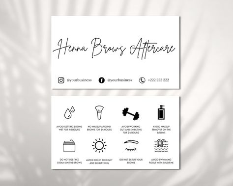 Henna Brows Aftercare Card Template, Editable Henna Brow After Care Card Template, Printable Brow Aftercare Instructions, Brow Business Card - Etsy Malaysia Brow Aftercare, Brow Business, Henna Brows, After Care, Care Card, Template Printable, Card Template, Stationery Design, Mother’s Day