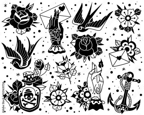 Download Old school traditional tattoo black white set Stock Vector and explore similar vectors at Adobe Stock. Traditional Tattoo Wallpaper, Flash Art Tattoos, Traditional Tattoo Black And White, Tato Flash, Tato Tradisional, Icona Ios, Traditional Black Tattoo, Traditional Tattoo Old School, Kunst Tattoos