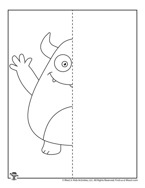 Monster Mirror Drawing Worksheets | Woo! Jr. Kids Activities Symetry Drawings, Monster Mirror, Mirror Drawing, Finish The Picture, Drawing Worksheets, Hebrew Education, Mirror Drawings, Felt Monster, Monster Drawing