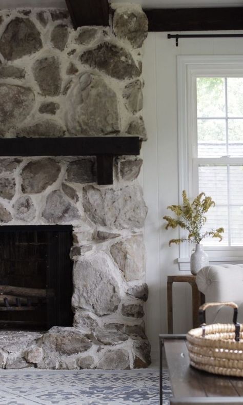 Over-Grouted Fireplace Project – Love Living Here Painted Rock Fireplaces, Diy Stone Fireplace, Faux Stone Fireplaces, Painted Stone Fireplace, Stone Fireplace Makeover, Fireplace Redo, Paint Fireplace, Rock Fireplaces, Fireplace Remodel