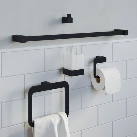 This black bathroom accessory is part of our Jupiter range of bathroom fittings. You can purchase it on its own or as part of a complete set including; tumblers, towel rings, towel rails, robe hooks and of course toilet roll holders. Bevelled, square shapes combined with the gorgeous black finish is what really makes the Jupiter range a set of stand out accessories. They’re uniquely modern, bringing a feeling of class and style to your bathroom. Black Towel Rail, Chic Bathroom Decor, Bathroom Holder, Black Bathroom Accessories, Black Toilet, Bathroom Accessories Sets, Wall Hung Toilet, Bathroom Accessory Set, Bathroom Collections