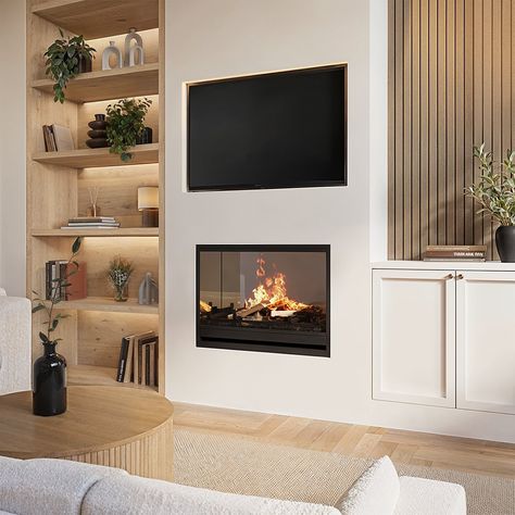 Shelving Fireplace Wall, Fireplace Tv Wall Small Room, Electric Fireplace Living Room Ideas, Entertainment Unit With Fireplace, Media Wall Electric Fire, Media Walls Ideas, Inset Fireplace With Built Ins, Media Wall Log Burner, Media Wall Small Living Room