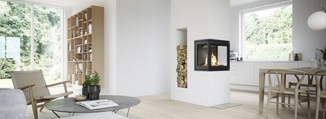 3 Side Fireplace, Side Fireplace, Scandinavian Fireplace, Wood Burning Insert, Modern Fireplaces, Fireplace Built Ins, Cosy Living Room, Elegant Frame, Modern Fireplace