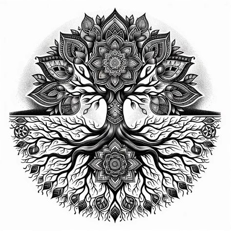 tree of life with Mandala Check more at https://ideatatto.com/animals/tree-of-life-with-mandala/ Mandala And Nature Tattoo, West African Tattoo Ideas, Tree Of Life Mandala Drawing, Earth Mandala Tattoo, Metaphoric Tattoos, Tree Of Life Hand Tattoo, Amethyst Tattoo Ideas, Mandala Tree Of Life Tattoo For Women, Healing Mandala Tattoo