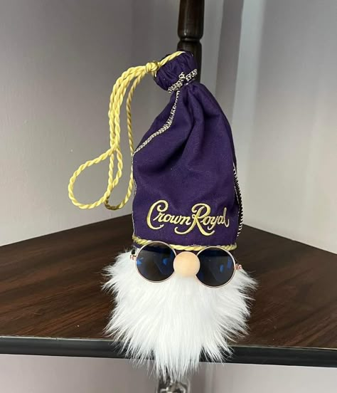 Crown Royal Gnomes, Crown Royal Diy, Crown Royal Crafts, Crown Royal Quilt, Alcohol Bottle Crafts, Biker Gnomes, Crown Royal Bags, Gnomes Diy, Gnome Ornaments