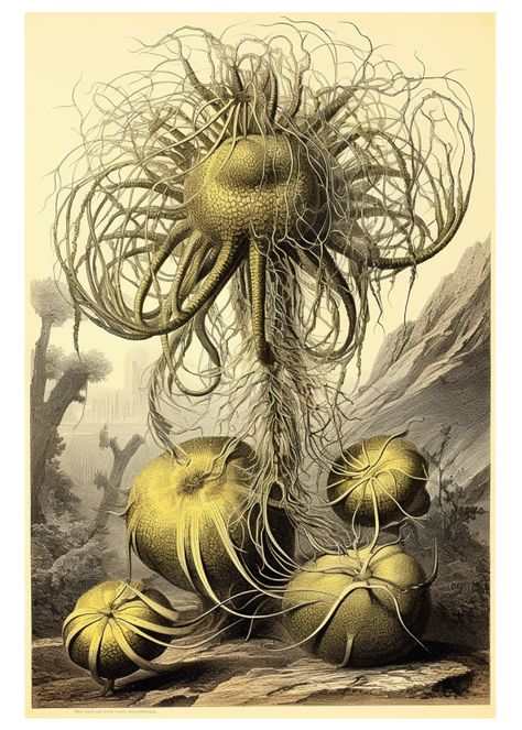 007 Alien Flora in Antique Botanical Illustration Plant Alien, Aesthetic Wall Posters, Alien Flowers, Wall Posters Printables, Art Gallery Design, Alien Flora, Aesthetic Printables, Negative Painting, Alien Plants