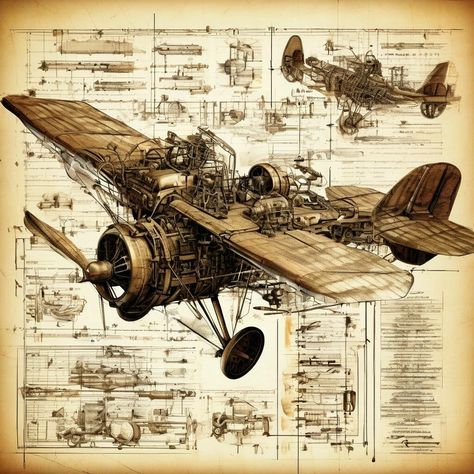 Old Airplane Aesthetic, Junk Metal Art, Steampunk Artwork, Vintage Motorcycle Posters, Arte Robot, Vintage Airplanes, Steampunk Design, Patent Art, Old Maps