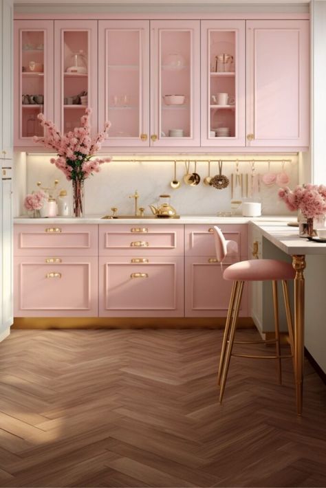 pink and white kitchen Bathroom For Small Spaces, Timeless Bathroom Tile, Pink Kitchen Cabinets, Pink House Interior, Pink Kitchen Designs, Retro Pink Kitchens, Timeless Bathroom Design, Pink Kitchens, Small Master Bath