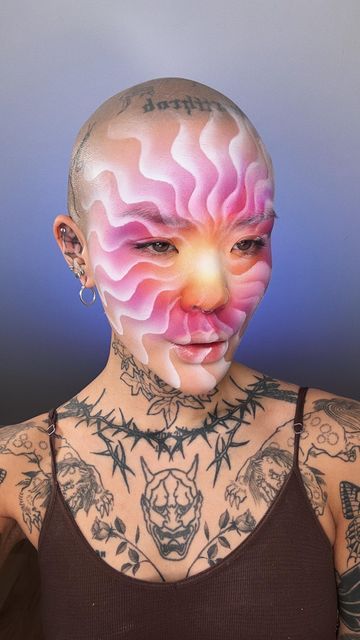 Airbrush Creative Makeup, Full Face Artistic Makeup, Judy Chicago Art, Airbrush Body Painting, Mei Pang Makeup, Lavender Palette, Makeup Pride, Judy Chicago, Paint Makeup