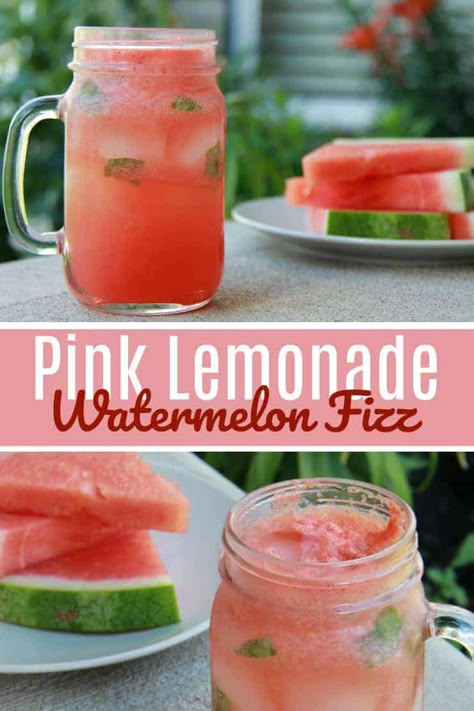 Classic and plain lemonade drink - kicked up a notch! This Pink Lemonade Watermelon Fizz taste can be described as 'the epitome of Summer'. Close your eyes and you taste what you have been waiting for, heaven in a glass. #pinklemonade #watermelondrink #drinkrecipe Melon Ideas, Seaside Lounge, Watermelon Drinks, Watermelon Punch, Lemonade Punch, Lemonade Drink, Watermelon Drink, Drink Recipes Nonalcoholic, Lemonade Drinks