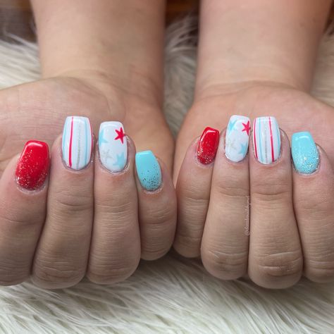 Love this look! Many like this one but added a little glitter fade and silver! Super cute 4th of July nails! Retro 4th Of July Nails, Cute 4th Of July Nails, Retro 4th Of July, Fourth Of July Nails, 4th Of July Nails, July Nails, Retro 4, Get Nails, July Party