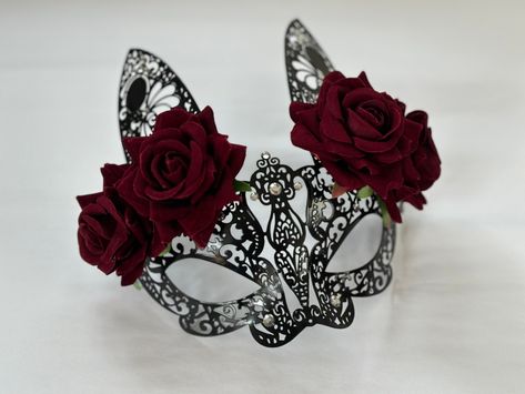 Black Bunny Mask, flower Bunny Mask, bunny masquerade mask Fun metal bunny masquerade mask with red or black roses. F E A T U R E S - black metal featherlight bunny mask. - double sided satin ribbons to secure mask in place. - flowers come affixed on each ear for easy wear. C U S T O M I Z A T I O N Can be customized further with flowers. Get in touch for custom orders! S I Z E Fits adult and kid. S H I P P I N G - Processed same day or within 24 hours. 1-2 day guaranteed delivery, add item to c Mask Party Mask, Masqerade Mask, Bunny Masquerade Mask, Black Bunny Mask, Mask Flower, Rose Mask, Thank You Wishes, Bunny Mask, Metal Mask