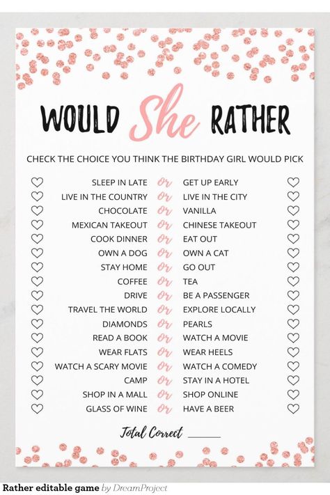 Birthday Would She Rather editable game Would She Rather Birthday Game, Would She Rather, Birthday Party Activities, Owning A Cat, Getting Up Early, Paper Airplanes, Birthday Games, 25th Birthday, Girl Birthday Party