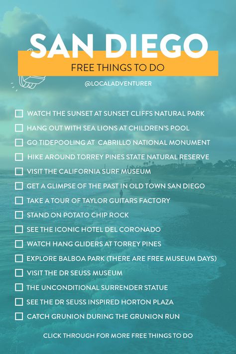 Top Free Things to Do in San Diego Checklist + Click through for more ideas for more free attractions in San Diego // Local Adventurer #california #sandiego #visitcalifornia #usa #visittheusa #travel San Diego Bucket List, San Diego Activities, California Sandiego, San Diego Vacation, Visit San Diego, San Diego Travel, Visit California, Budget Planer, Travel Checklist