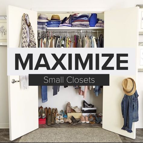 Small closet? No problem! Watch How To Organize A Small Closet. It’s your typical small reach-in closet, the kind with a single bar and a shelf. Whether it’s in your bedroom, kid’s room or guestroom, we’ll show you how to make the most of every inch of your space. No Drawers Closet Organization, How To Organize Clothes In Small Space, How To Organize Small Closet, Small Apartment Closet Ideas, Extra Small Bedroom Ideas, How To Organize A Small Closet, Small Bedroom Closet Organization, Small Bedroom Closet, Organize A Small Closet