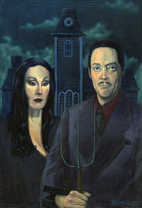 American Gothic / Addams Family  Not sure on the artist - I can't quite make out the signature, and Google Images was no help. American Gothic Parody, Colorized History, Quotes Notes, Gomez And Morticia, Grant Wood, Horror Posters, American Gothic, Art Parody, Monster Mash