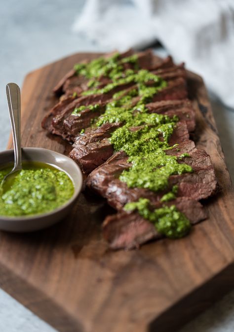 Grilled Flank Steak w/ Spinach Pesto Steak And Pesto, Prune Recipes, Flank Steak Tacos, Steak With Chimichurri Sauce, Bbq Marinade, Spinach Pesto, Pan Seared Steak, Grilled Steak Recipes, Grilled Flank Steak