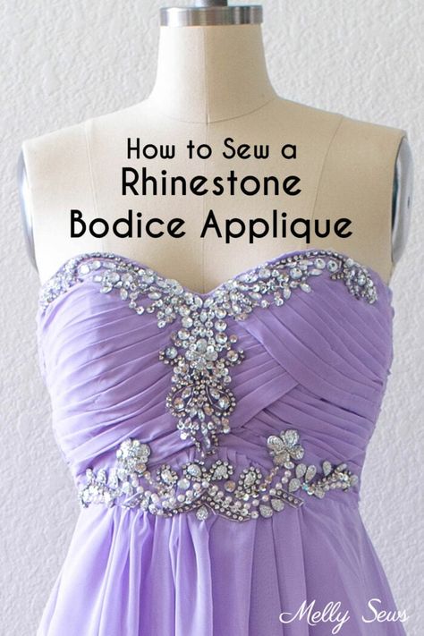 How to Sew a Rhinestone Applique Tutorial For Beginners - Melly Sews Diy Prom Dress, Circle Skirt Tutorial, Melly Sews, Bodice Applique, Crystal Wedding Dress, Applique Tutorial, Dress Tutorial, How To Make Skirt, Dress Tutorials