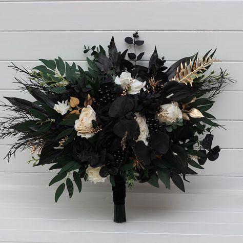 Hunter Green Ivory Black Gold Bridal Bouquet Halloween Wedding Boho Wedding Flowers Faux Flowers Wedding Arrangement Gothic Wedding - Etsy Glam Wedding Bouquet, Emerald Wedding Theme, Moody Bouquet, Moody Wedding Flowers, Black Wedding Flowers, Hunter Green Wedding, Faux Flowers Wedding, Wedding Gothic, Faux Bouquet