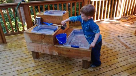 DIY custom made water table with three reservoirs Water Table Diy, Kids Water Table, Sensory Tables, Outdoor Play Structures, Outdoor Play Space, Backyard Kids Play Area, Play Structures, Playground Ideas, Diy Playground