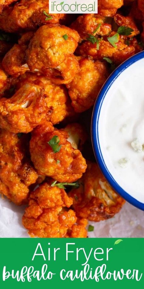 Saucy and crispy Air Fryer Buffalo Cauliflower make the best game day appetizer or vegetarian snack. Perfect for pairing with a creamy dip! Air Fryer Buffalo Cauliflower, Air Fryer Cauliflower, Buffalo Cauliflower Recipes, Buffalo Cauliflower Bites, Air Fryer Recipe, Buffalo Cauliflower, Cauliflower Bites, Air Fryer Dinner Recipes, Air Fryer Healthy