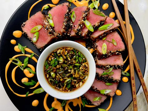 Seared Ahi Tuna With Soy Ginger Sauce, Sesame Tuna Steak Recipes, Sesame Crusted Tuna Steak, Sesame Crusted Ahi Tuna, Ahi Tuna Appetizer Recipes, Dipping Sauce For Tuna Steak, Ahi Tuna Dipping Sauce, Tuna Dipping Sauce, Sesame Tuna Steak