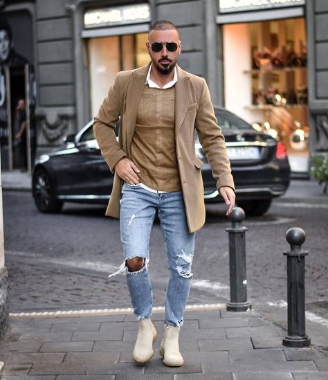 Outfit ideas for men.  Tan jacket! Mens Tan Outfit, Smart Casual White Shirt, Smart Casual Suit, Sporty Outfits Men, Tan Outfit, Denim Outfit Men, Boots Men Outfit, Bohemian Style Men, Outfit Botas