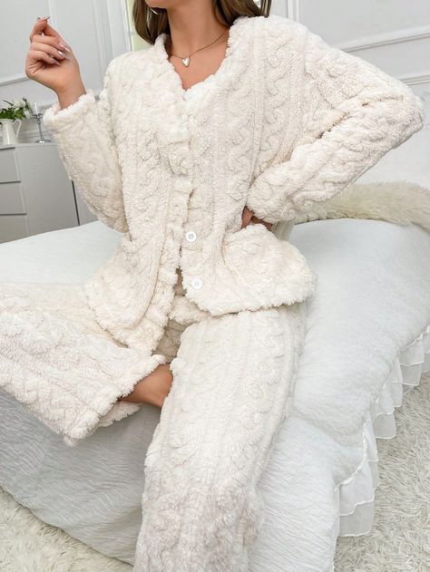 Solid Flannel Lounge SetI discovered amazing products on SHEIN.com, come check them out! Winter Sleepwear, Lounge Wear Set, Plain Pants, Cardigan Beige, Pant Sets, Beige Cardigan, Floral Jacquard, Sleepwear Sets, Loungewear Set