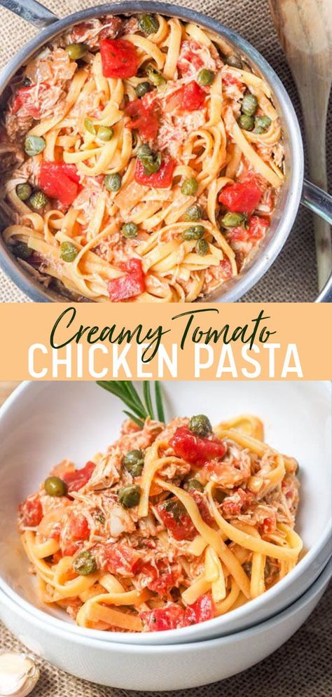 Creamy tomato chicken pasta - this 30 minute recipe makes for a perfect low fuss weeknight meal. Made with shredded rotisserie chicken, capers and a creamy tomato sauce. Gluten-free and dairy-free too. #glutenfree #chicken #dinner Creamy Tomato Chicken Pasta, Chicken Capers, Elbow Pasta Recipes, Creamy Tomato Chicken, Tomato Chicken Pasta, Walnut Chicken Recipe, Chicken Recipes Dairy Free, Chicken Recipes With Tomatoes, Shredded Rotisserie Chicken