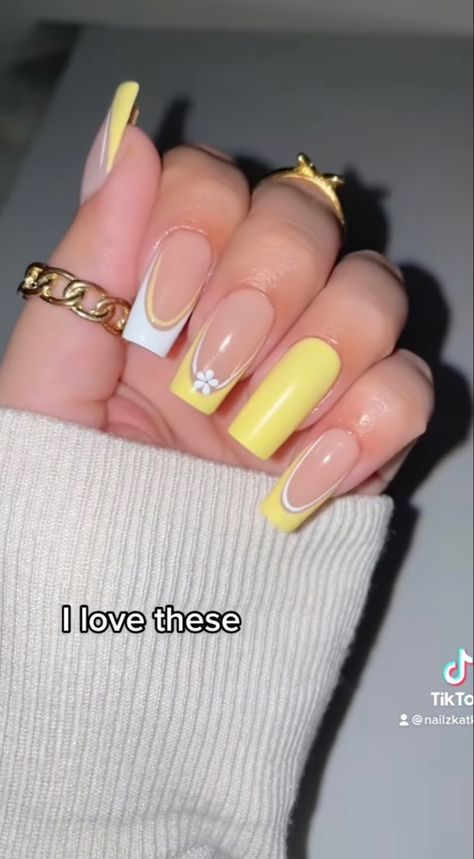 French Nails With Yellow Design, White And Yellow French Nails, Acrylic Nail Designs Yellow French Tip, Yellow French Tip Square, Yellow Square Nails, Spring French Nails, Light Yellow Square Nails, Purple Acrylic Nails, Blush Nails