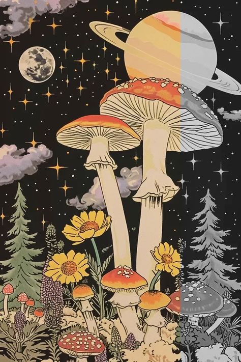 Full Color Image in ai-img-gen.com 🔸 Create a vibrant image of a mushrooms distant planet, planets stars and moon in colorful background ... 🔸 From Midjourney AI Image Mushroom Wallpaper Trippy, Mushroom Space Art, Mushroom Planet, Planet With Rings, Mushroom Trippy Background, Psychedelique Mushrooms, Mushroom Psychedelique Art, Computer Theme, Mushroom Wallpaper