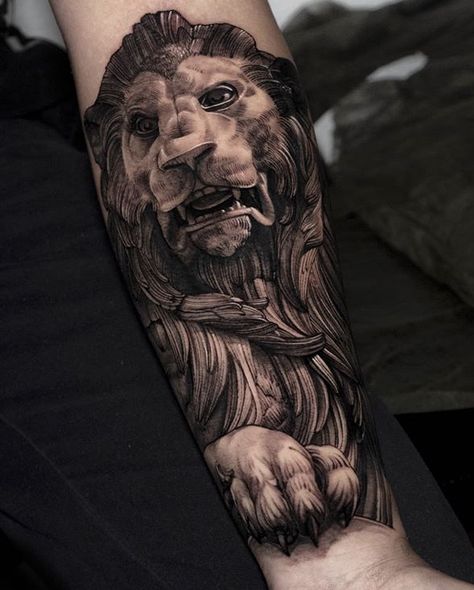 Greek Lion Tattoo, Lion Statue Tattoo, Statue Tattoos, Atlas Tattoo, Cupid Tattoo, Modern Art Tattoos, Animal Sleeve Tattoo, Lion Statue, Statue Tattoo