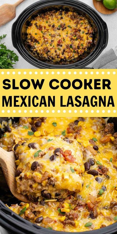 Crock Pot Mexican Lasagna Recipe has layers of delicious cheese, refried beans, beef and more for the best dinner idea. Toss it all into your crockpot and come home to a great dinner. This simple ingredient taco lasagna recipe is a delicious meal idea. Layering the ingredients in the slow cooker makes for a delicious meal idea. #eatingonadime #crockpotmexicanlasagnarecipe #mexicanlasgana Healthy Mexican Lasagna Recipe, Easy At Home Mexican Food, Crock Pot Taco Lasagna, Slow Cooker Mexican Lasagna, Mexican Casserole In Crockpot, Crock Pot Casseroles Recipes, Ground Beef Taco Slow Cooker, Mexican Food Recipes Slow Cooker, Crock Pot Mexican Recipes Ground Beef