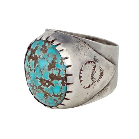 Navajo Stamped Silver Ring with Persian Turquoise Cabochon, c.1960 | Shiprock Santa Fe Gallery Aesthetic, Santa Fe Plaza, Mid Century Furnishings, Persian Turquoise, Volcanic Rock, Modern Mid Century, Native American Tribes, Rock Formations, Native American Art