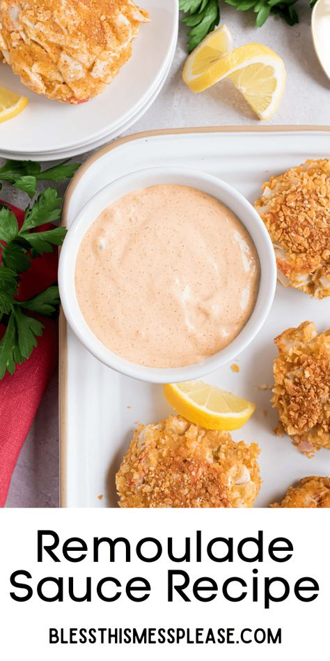 Remoulade is a sweet but spicy sauce commonly served with fried fish or crab cakes. It resembles aioli or a Yum Yum sauce. Crab Cake Aioli, Crab Cake Remoulade Sauce, Crab Cake Remoulade, Fried Fish Sauce, Crab Sauce Recipe, Crab Cake Sauce, Crab Cakes Easy, Best Sauce Recipe, Crab Appetizer