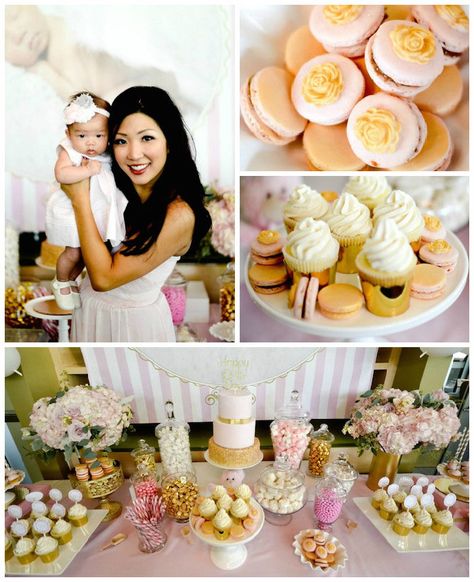 Pink + Gold 100th Day Korean Party via Kara's Party Ideas | KarasPartyIdeas.com (2) Birthday Foods, 100 Days Party, Pink And Gold Cake, Baek Il, Girl Birthday Cupcakes, Korean Doll, Pink Macarons, Asian Party, Bubbly Bar