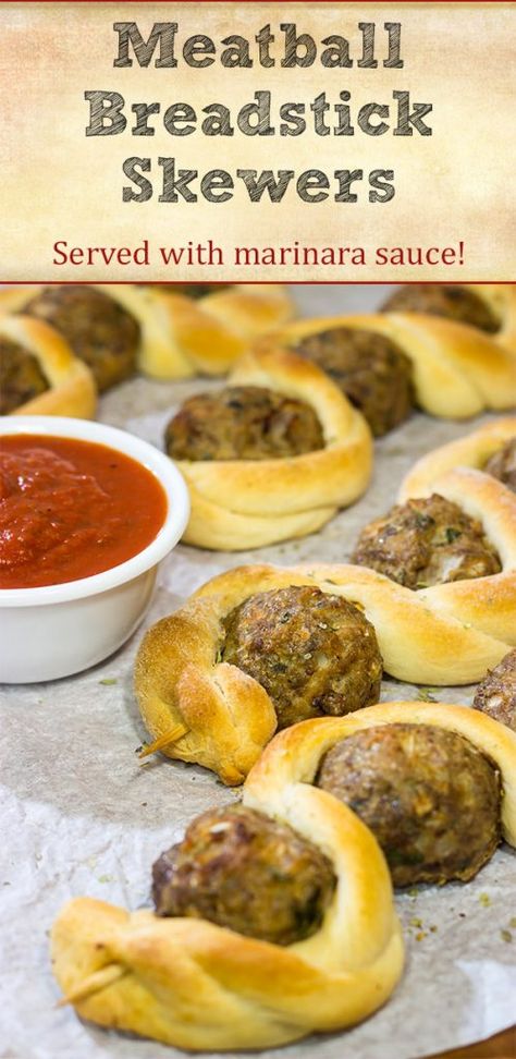 Meatball Breadstick Skewers | Fun party appetizer or meal Skewer Apps, Meatballs Skewers, Meatball Kabobs, Meatball Skewers, Skewer Appetizers, Seasoned Bread Crumbs, Christmas Apps, Party Appetizer, Entertaining Recipes