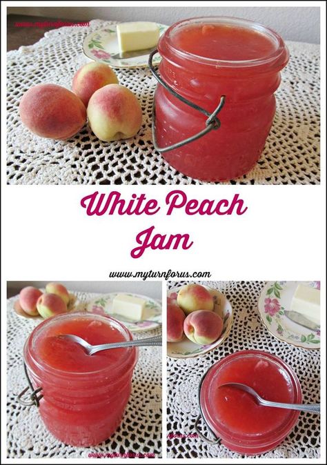 White peach jam made from fresh white peaches is delicious and totally gorgeous! !http://www.myturnforus.com/2015/08/white-peach-jam.html White Peach Jam, Jam Canning, Canning Jam Recipes, White Peaches, Diy Foods, Peach Jelly, Beautiful Recipes, Canning Recipe, Canning Jam