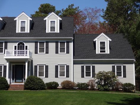 gaf charcoal shingles with tan house | Project Spotlight: GAF Timberline HD Roof, Marion, MA ... Timberline Shingles, Light Blue Houses, Shingled Roof, Roof Shingle Colors, Tan House, Color Combinations Home, House Addition, Gray House, Shingle Colors