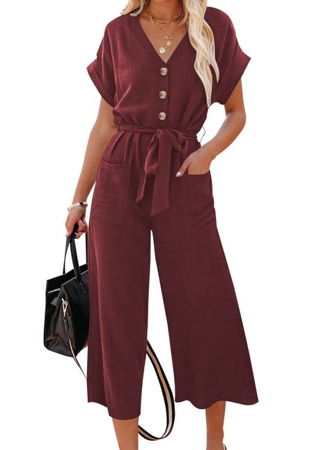 PRICES MAY VARY. Feature:Short sleeve, V neck, Solid color, High waist, Button Down, Pocketed, Long Pants Jumpsuits Romper with Belt. Casual jumpsuit is made of good fabric, comfortable, soft, breathable, lightweight, loose design make it full of vitality. The wide legs make this women romper easy to wear, plus the material is soft and breathable so you will be cool and comfy all season. Match: you can pair the solid color one piece outfit with shoes, sandals or heels as you like. Occasion: Jump